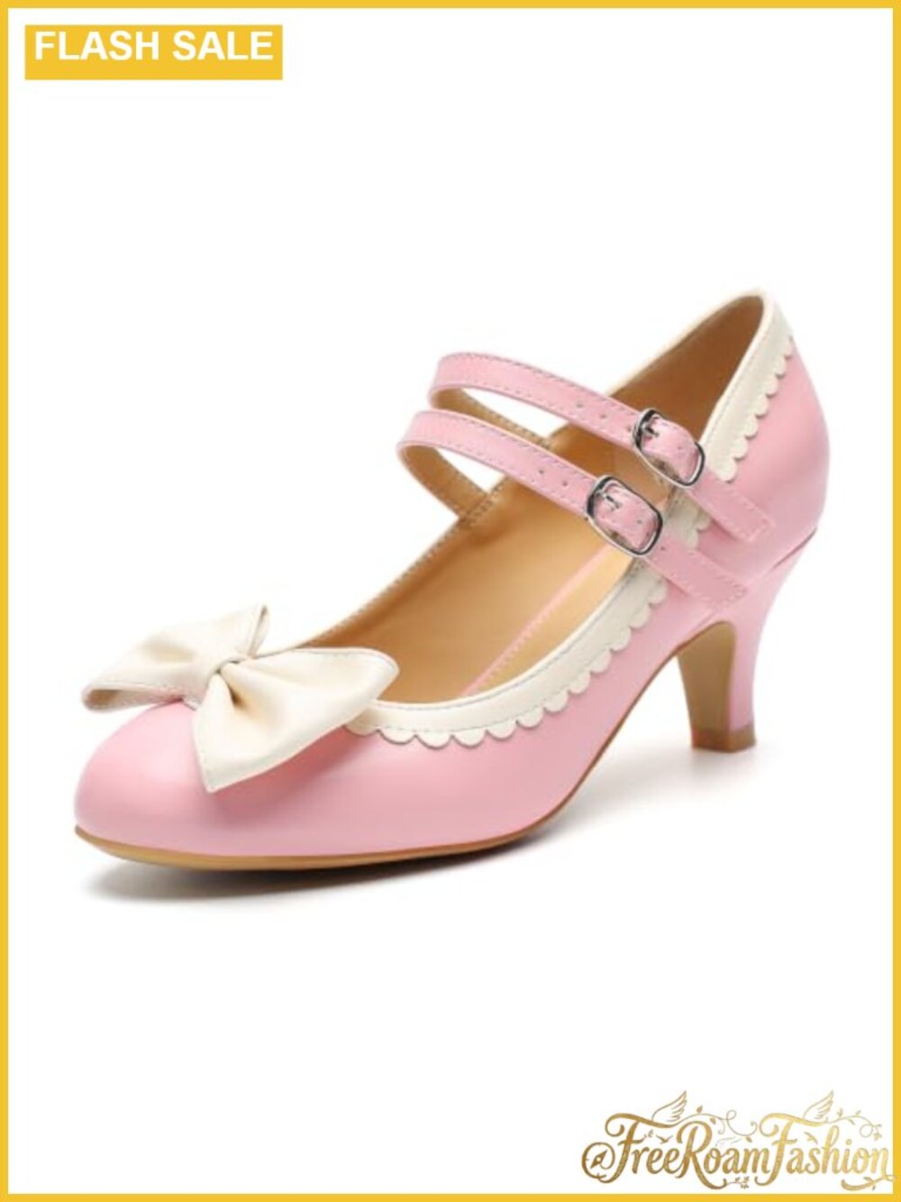 Mary Jane Kitten Heels Bow Double Strap Round Toe Dress Pumps